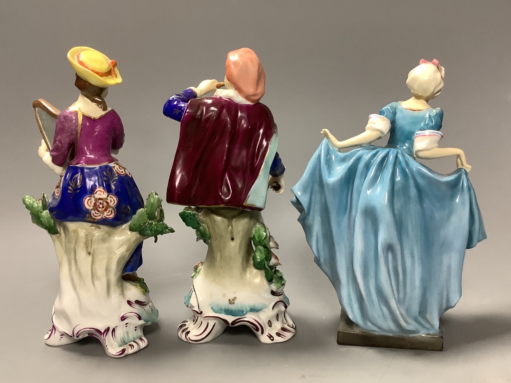 A Doulton porcelain figure, 'Delight' and a pair of continental porcelain figures, tallest 18.5cm